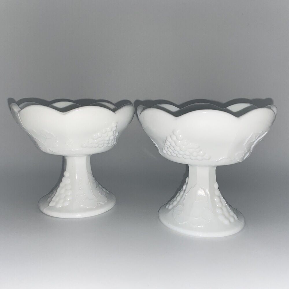 Pair of Vintage Indiana Colony Harvest Grape Milk Glass Pedestal Candle Holder